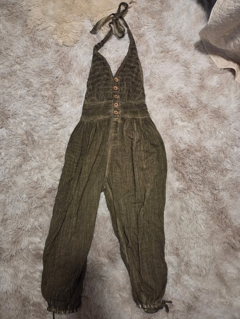 Free People Olive Tie-Strap Linen-Blend Jumpsuit